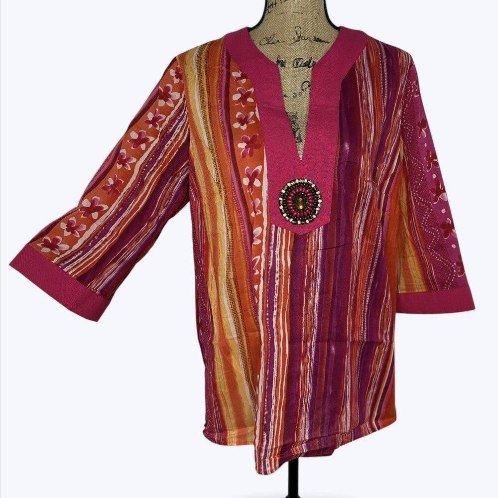 Kim Rogers Tunic Top Sz 1X Beaded Medallion Beach Resort Artsy Floral Indie